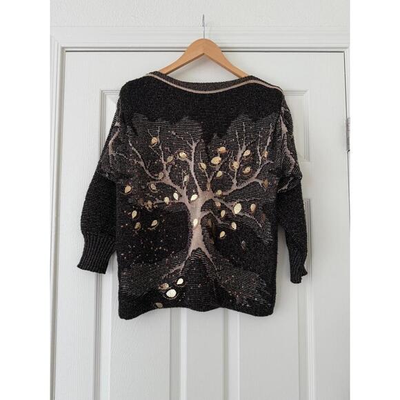 Sweaters - Vintage 80s Helen Knits Black Gold Metallic Tree Sweater